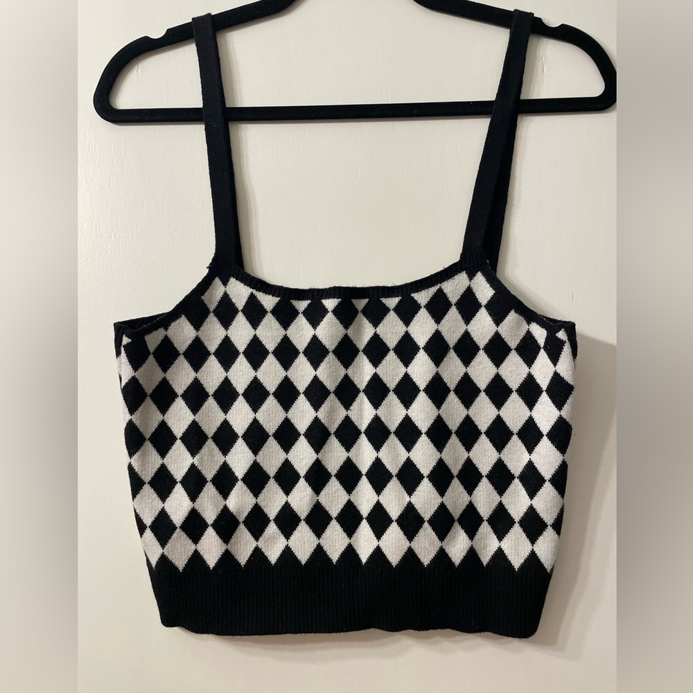 Mango Women's Black and White Checkered Knit Crop-top | Large | NEW W. TAGS